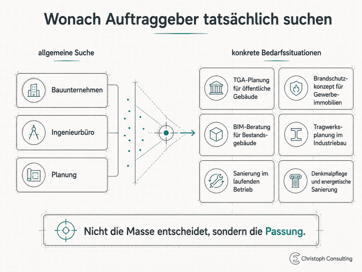 Darstellung, wonach Auftraggeber im Bauwesen tatsächlich suchen, mit Fokus auf digitale Sichtbarkeit.