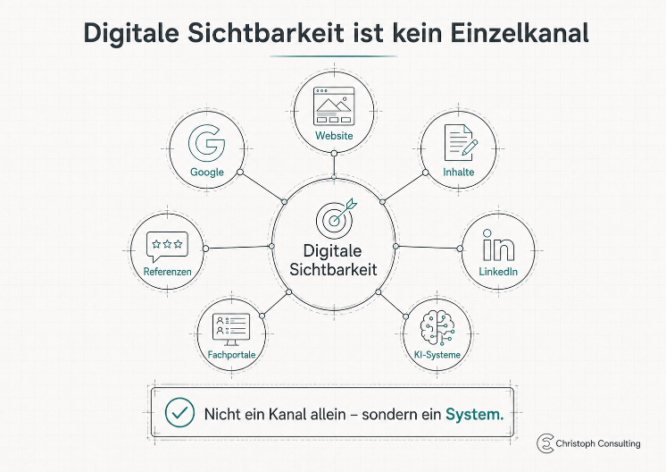 Grafik zeigt, dass digitale Sichtbarkeit kein Einzelkanal ist, sondern ein System.