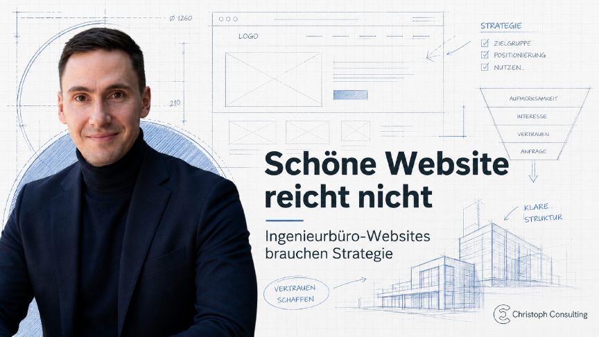 Mann mit Skizzen zeigt, dass Ingenieurbüro-Websites eine Strategie brauchen.