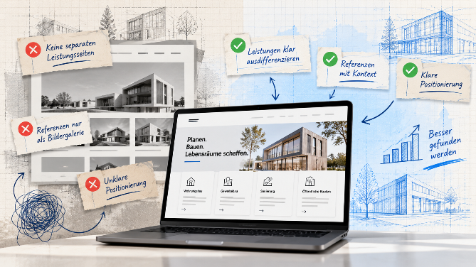 Laptop zeigt Website mit Leistungsseiten, Referenzen und klarer Positionierung.