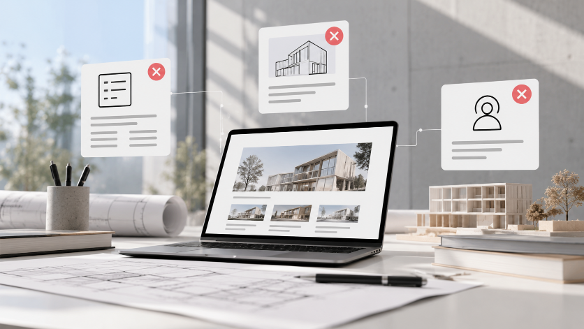 Am Arbeitsplatz ist ein Laptop zu sehen, der SEO für Architekturbüros zeigt.