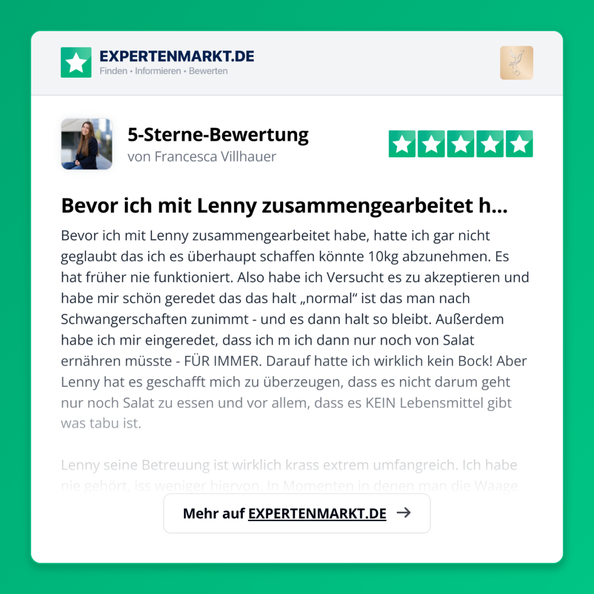 Francesca Villhauer hat als Selbstständige und dreifache Mama 10kg mit Lenny Werner seiner Unterstützung abgenommen.
