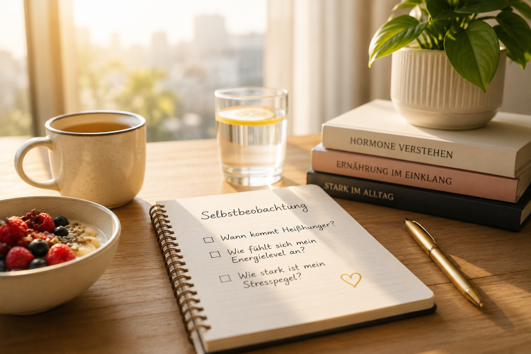 Notizen zur Selbstbeobachtung beim Abnehmen neben Frühstück und Getränken.