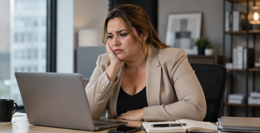 Frustrierte Frau betrachtet ihren Laptop zum Thema Abnehmen und hormonelles Ungleichgewicht.