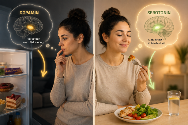 Eine Frau denkt an Dopamin beim Kühlschrank und genießt Serotonin beim Essen.