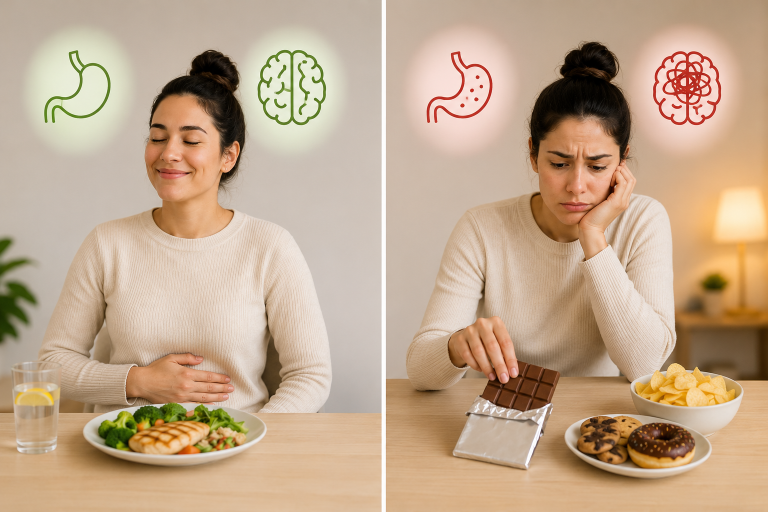 Frauen mit Sättigungsgefühl nach gesundem Essen und Heißhunger auf Süßigkeiten.