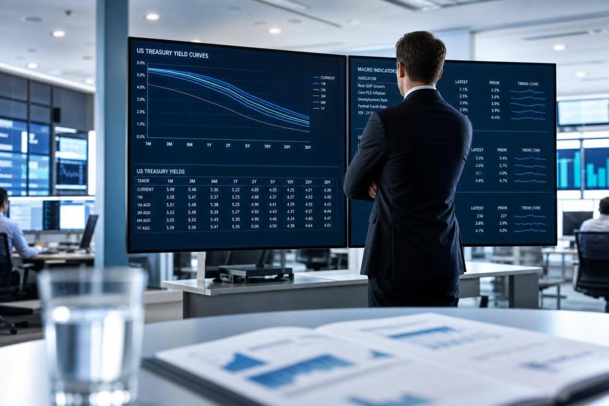 Ein Analyst betrachtet Finanzmarktdaten zur finanziellen Repression auf großen Bildschirmen.