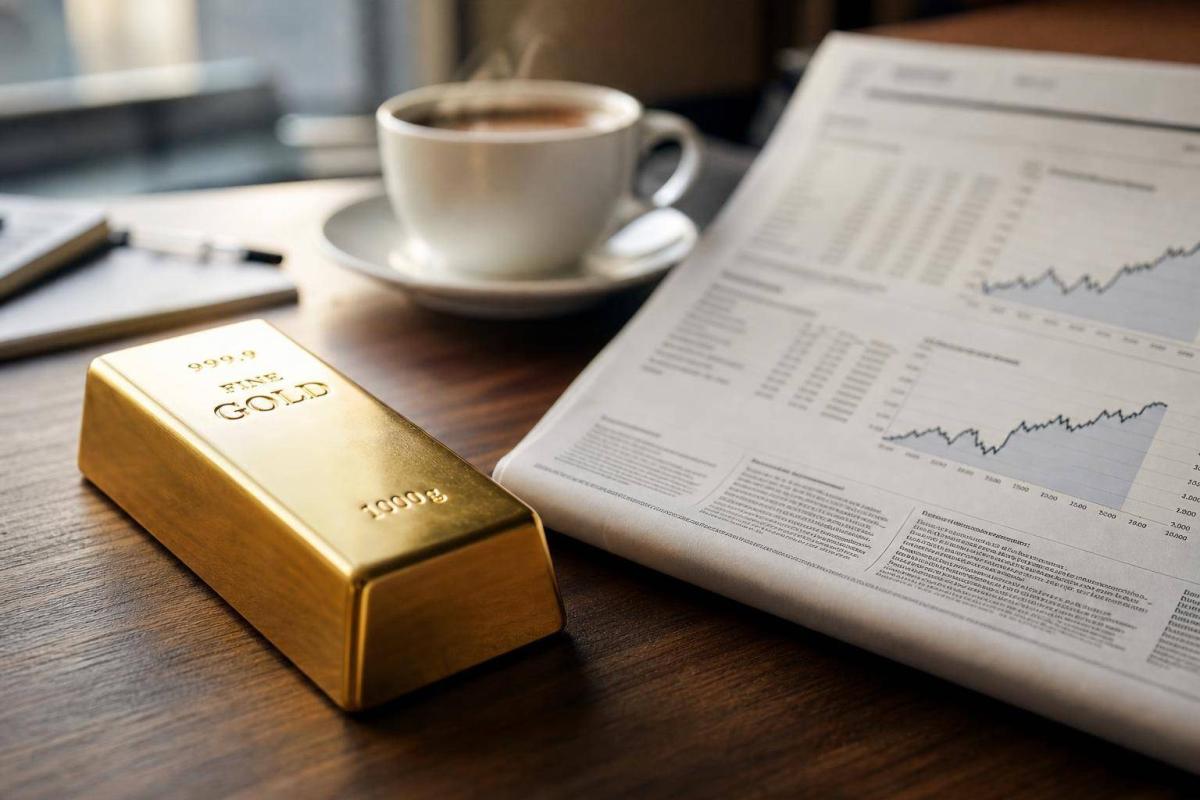 Ein Goldbarren neben einer Tasse Kaffee und Charts zur finanziellen Repression.