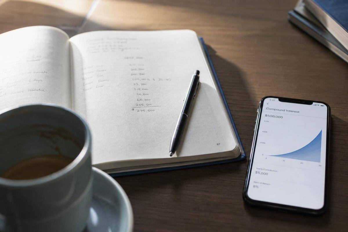 Notizen und Smartphone zeigen, wie Zeit und Geld in Investitionen wichtig sind.