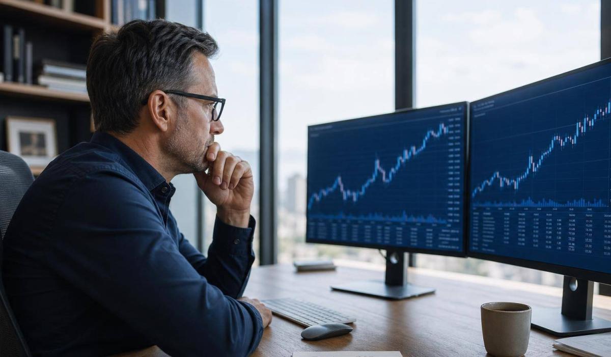Anleger analysiert Aktiencharts für deutsche Aktien 2025 am Computer.