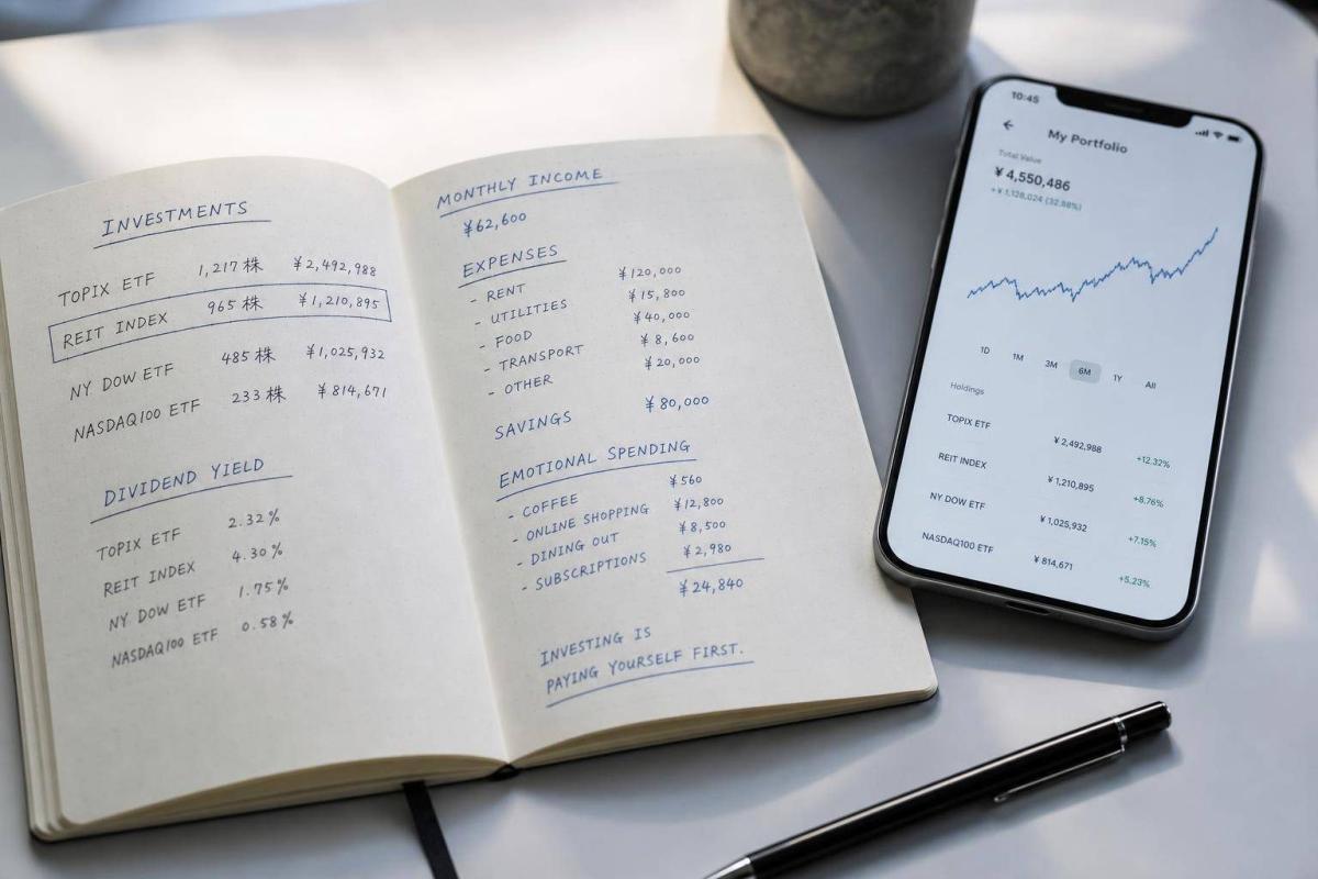 Notizbuch mit Cashflow-Anlagen-Daten und Smartphone-Grafik.