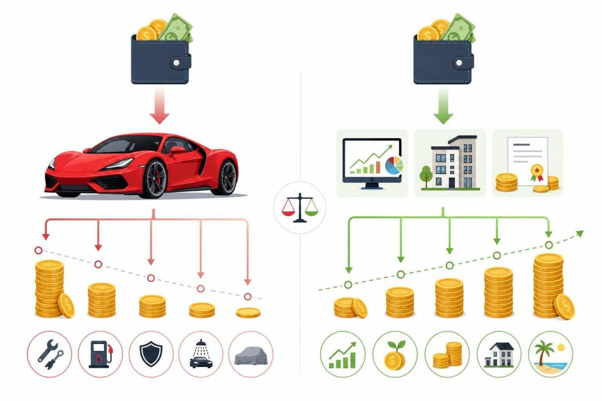 Grafik vergleicht das Mieten eines Ferraris mit Cashflow-Anlagen, zeigt Kosten und Nutzen.
