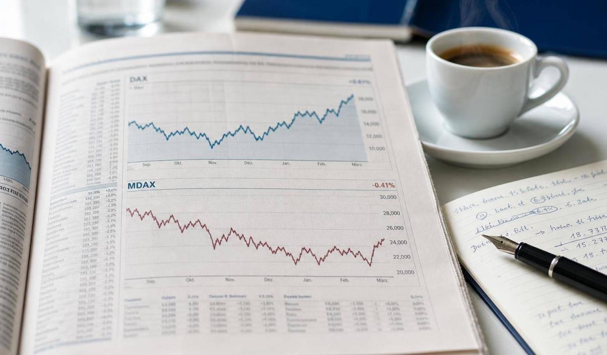 Finanzdiagramme zu Deutschland Aktien kaufen mit einer Tasse Kaffee.