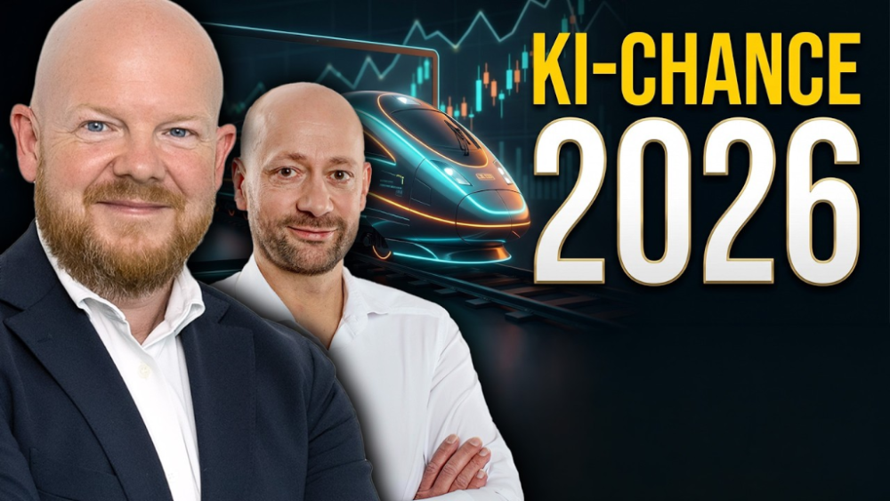 Zwei Trading-Experten präsentieren die KI-Chance 2026 mit einer Finanzgrafik.