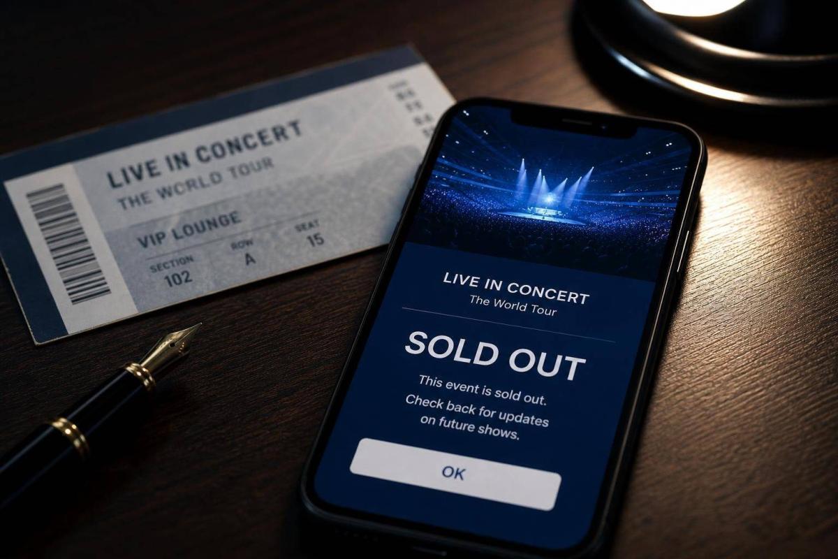 Ticket für ein ausverkauftes Live Nation Konzert und Smartphone-Bildschirm.