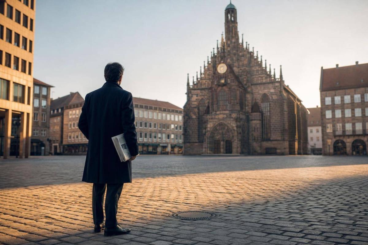Ein Mann blickt über den Nürnberger Hauptmarkt zur Frauenkirche – Schauplatz der Geschichte der Leoni AG.