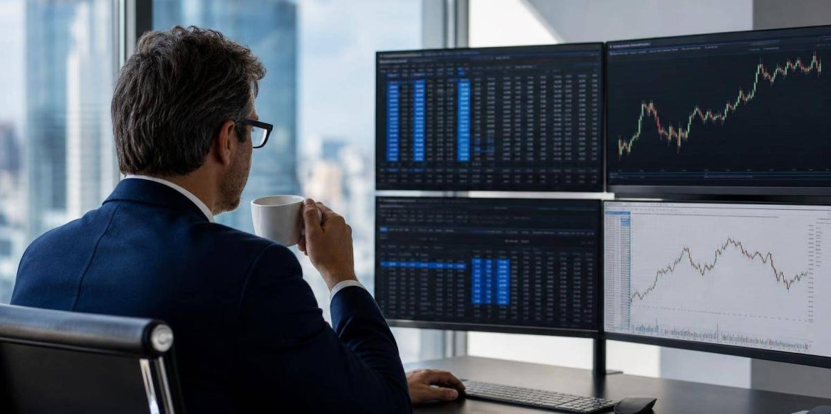 Trader analysiert Gold Cashflow Strategie an mehreren Monitoren.