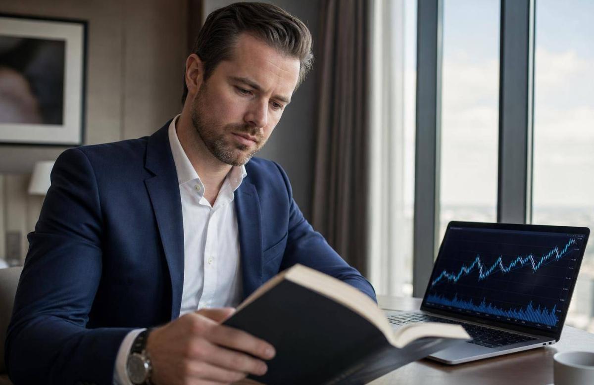Ein Trader liest ein Börsenbuch neben einem Laptop mit einem steigenden Kursdiagramm – passend zur Mark Minervini Strategie.