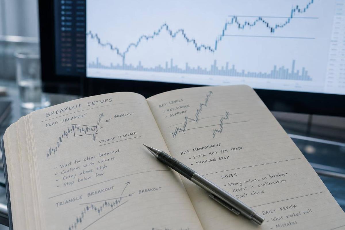 Notizbuch mit Trading-Notizen und Stift vor einem Bildschirm mit Kursdiagramm zur Mark Minervini Strategie.