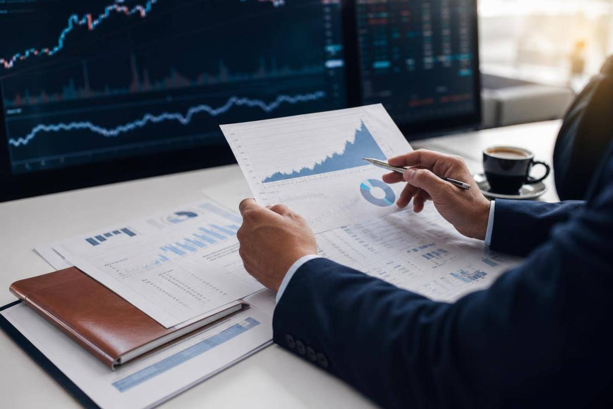 Mann analysiert Aktiencharts und -zahlen im Vergleich zu Ferrari-Investitionen.