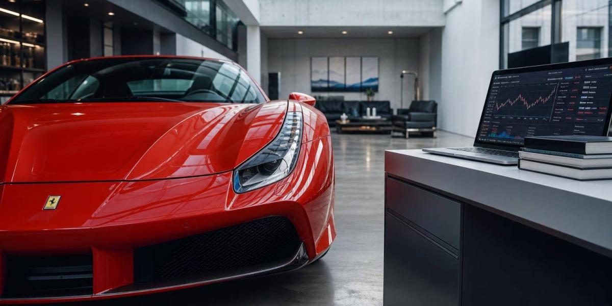Roter Ferrari im Büro mit Aktienanalyse am Laptop, Ferrari oder Aktien.