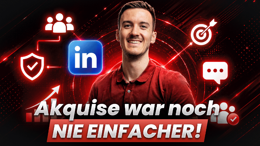 Mann in rot mit LinkedIn-Logo und Text über Vereinfachung der Akquise.