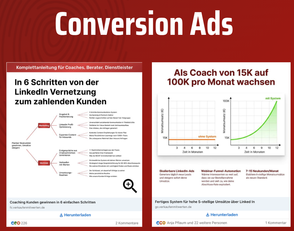 Grafik zu LinkedIn Conversion Ads mit Entwicklung von Kundenanfragen und Wachstumsstrategien.
