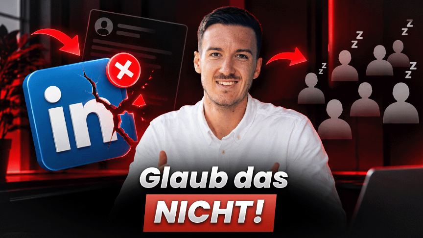 Ein Mann zweifelt an LinkedIn, dargestellt durch ein rotes X am Logo und schlafende Kontakte; die LinkedIn Kundengewinnung steht infrage.