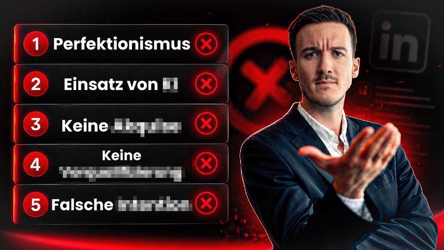 Ein Berater zeigt fünf typische LinkedIn Fehler auf einer roten Liste.