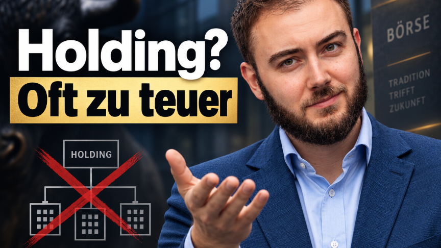 Mann erklärt, warum eine Holding oft zu teuer ist, mit grafischen Elementen im Hintergrund.