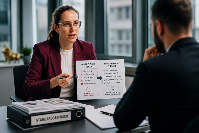 Eine Frau erklärt in einer Finanzberatung, wie gute Beratung erkannt wird.