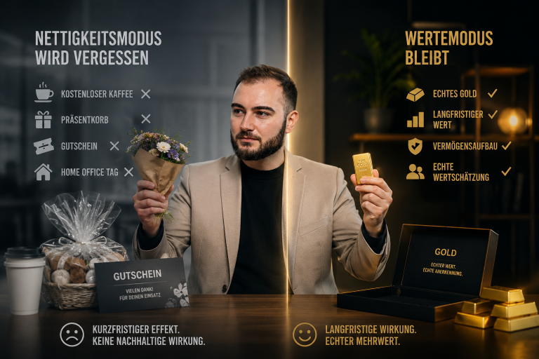 Mitarbeiterbenefits: Vergleich zwischen Nettigkeitsmodus und Wertemodus mit Gold.