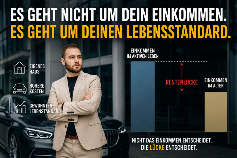 Grafik zeigt die Rentenlücke im Verhältnis zum Einkommen und Lebensstandard.