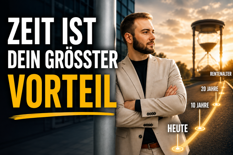 Ein Mann steht nachdenklich vor einer Sanduhr mit dem Text zur Rentenlücke.