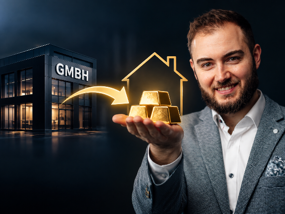 Mann mit Goldbarren symbolisiert die steuerbegünstigte Übertragung aus der GmbH.