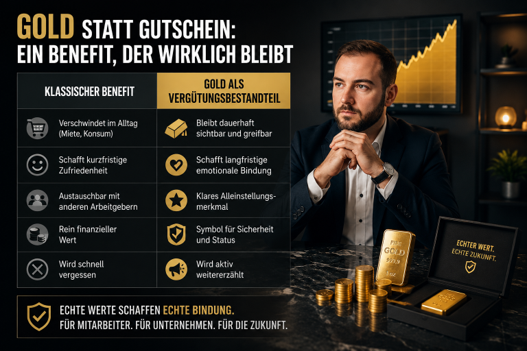 Mann präsentiert Gold und erklärt, warum Gold als Vergütungsbestandteil wichtig ist.