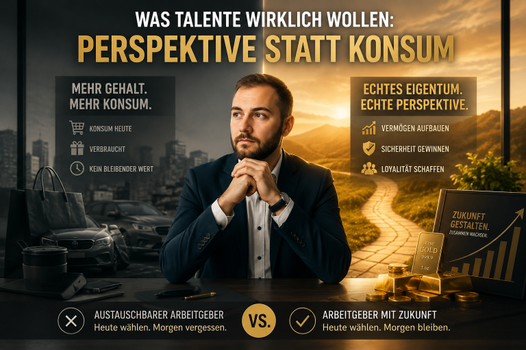 Mann mit ernster Miene und Grafik über Perspektive statt Konsum.