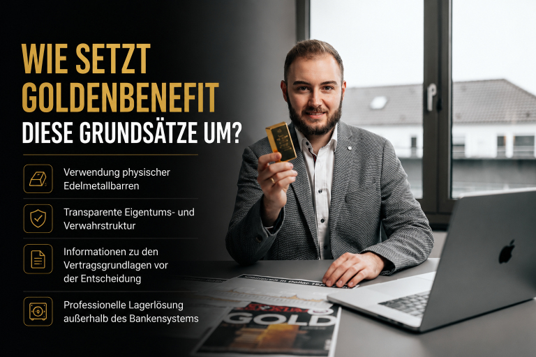 Mann zeigt Goldbarren und erläutert, wie GoldenBenefit Edelmetalle schützt.