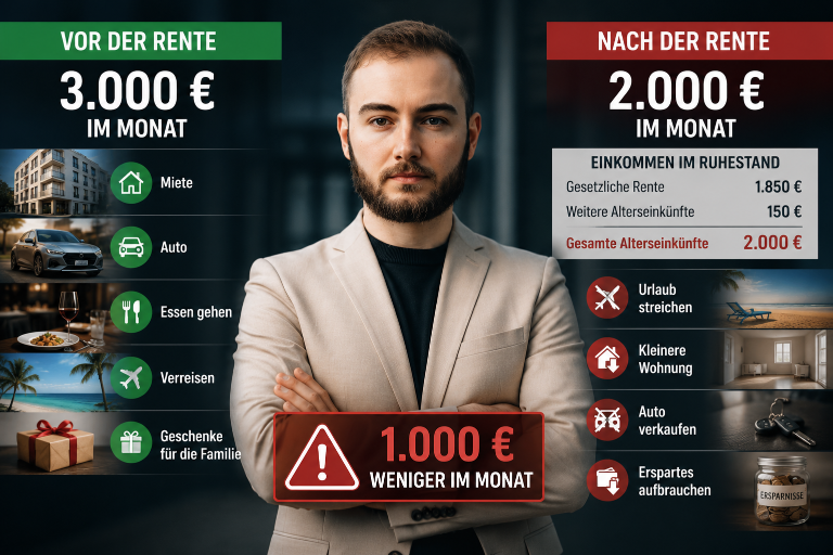 Grafik zur Rentenlücke zeigt Einkommen vor und nach der Rente mit 1000 Euro Differenz.