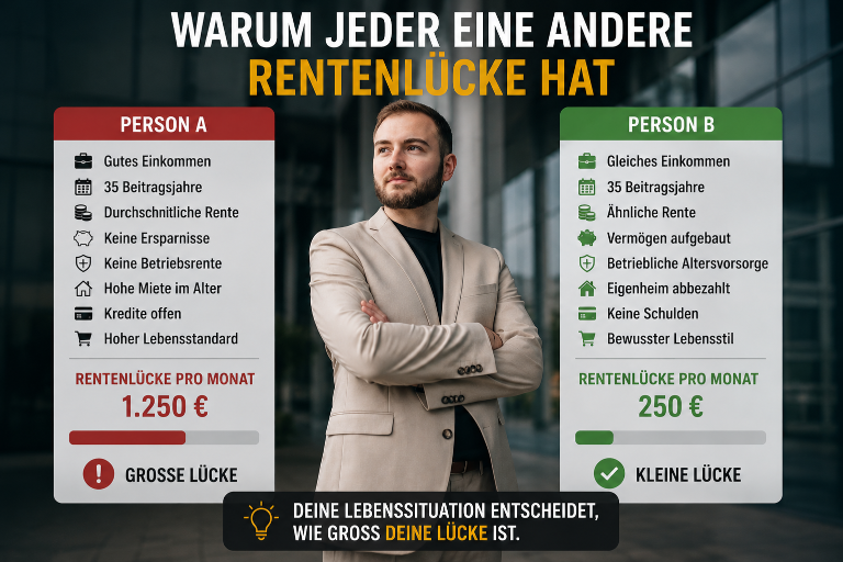 Vergleich der Rentenlücke zwischen zwei Personen mit unterschiedlichen Lebenssituationen.