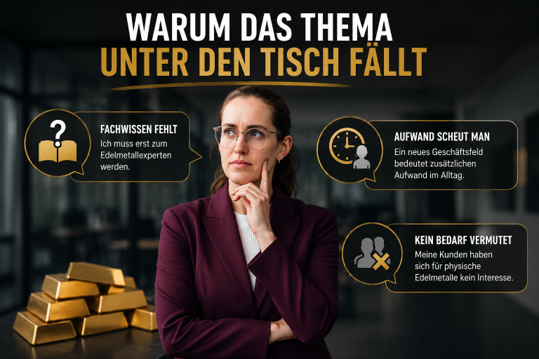 Eine Beraterin denkt nach, während Goldbarren im Vordergrund liegen, Thema: Berater und Gold.