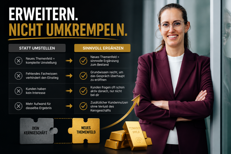 Beraterin zeigt Wege zur Erweiterung des Beratungsangebots um Edelmetalle.
