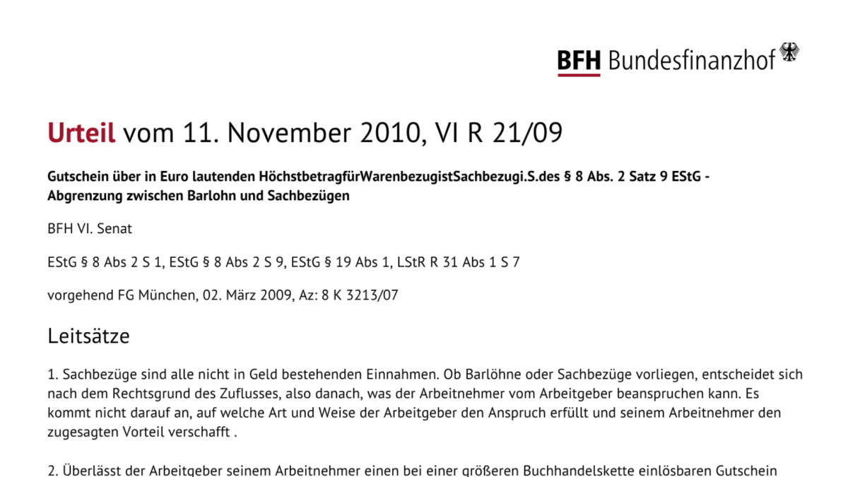 Bundesfinanzhof (BFH), Urteil vom 11.11.2010, Az. VI R 21/09