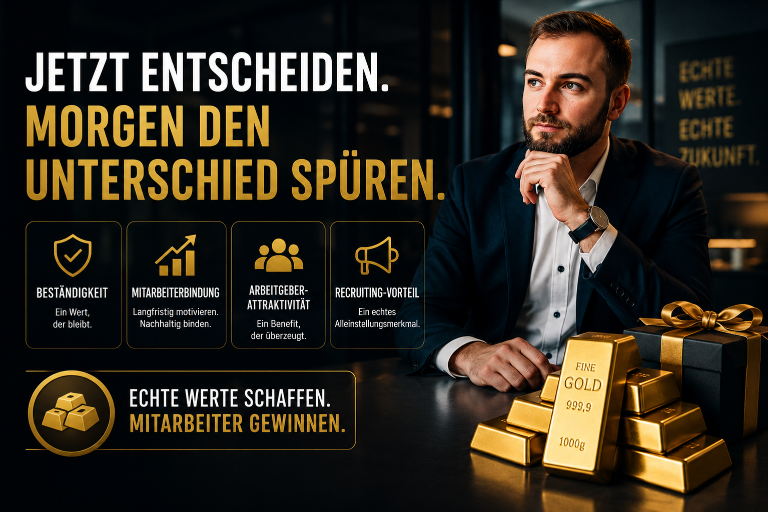 Mann mit Edelmetallbarren, Fokus auf steuerfreien Sachbezug.