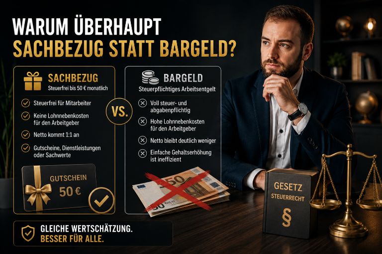 Der Vergleich von steuerfreiem Sachbezug und Bargeld mit einem Mann am Tisch.