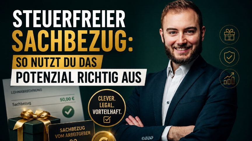 Ein Mann lächelt selbstbewusst neben dem Thema steuerfreier Sachbezug.