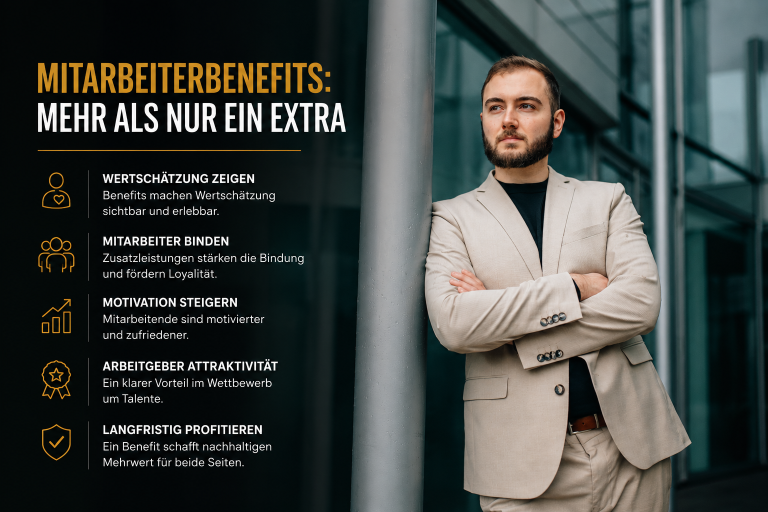 Ein Mann in Anzug steht mit verschränkten Armen neben Text über Mitarbeiterbenefits.