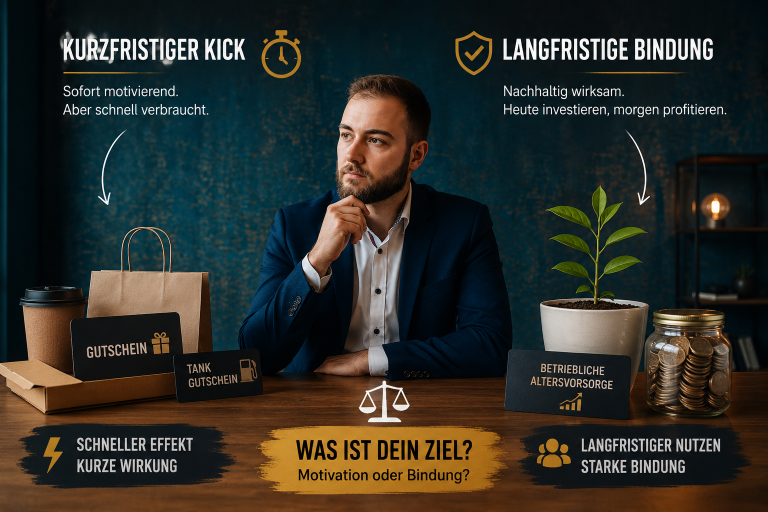 Mann denkt über gute Mitarbeiterbenefits nach, Kombination aus kurzfristiger und langfristiger Bindung.