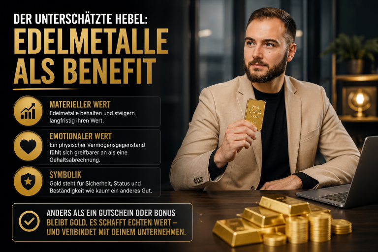 Ein Mann hält eine Goldmünze in den Händen und spricht über Edelmetalle als Benefit.