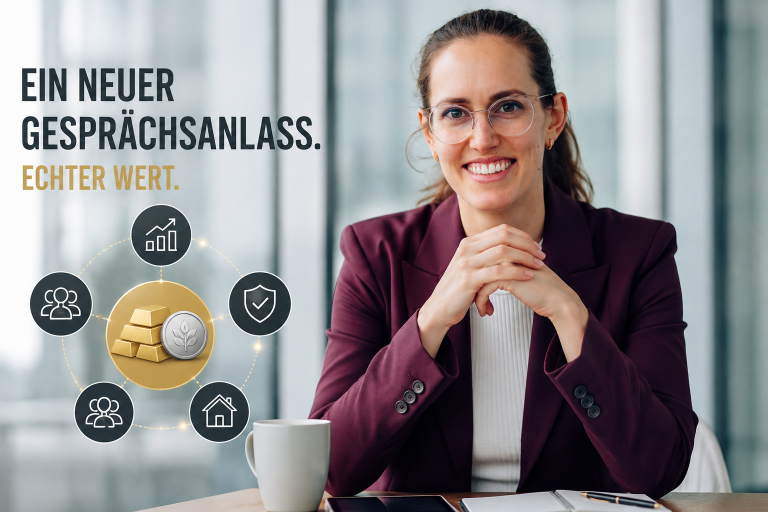Beraterin mit einem neuen Gesprächsanlass zu physischem Gold und Silber.